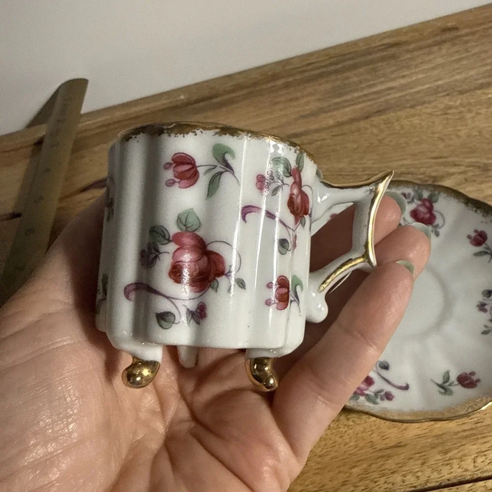 Vintage tea cup and saucer Made In Japan Demitasse footed gold trim